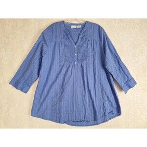 Vermont Country Store Shirt Womens 1X Blue Button Front Tunic Top 100% Cotton